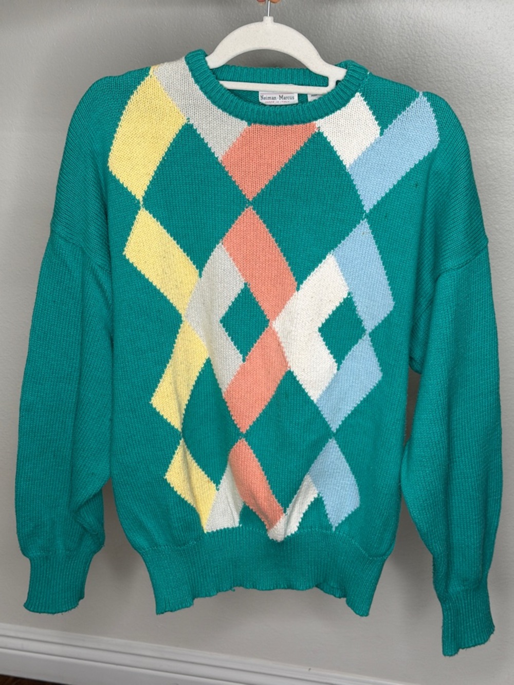 Neiman Marcus Teal Argyle Crewneck Sweater with Pastel Diamonds